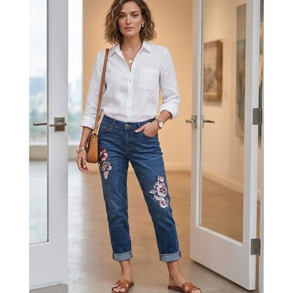 Anthropologie Pilcro Slim Boyfriend Crop Dark Blue Sequin Cropped Jeans Size 28